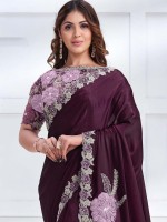 Dark Plum Crepe Satin Silk Saree